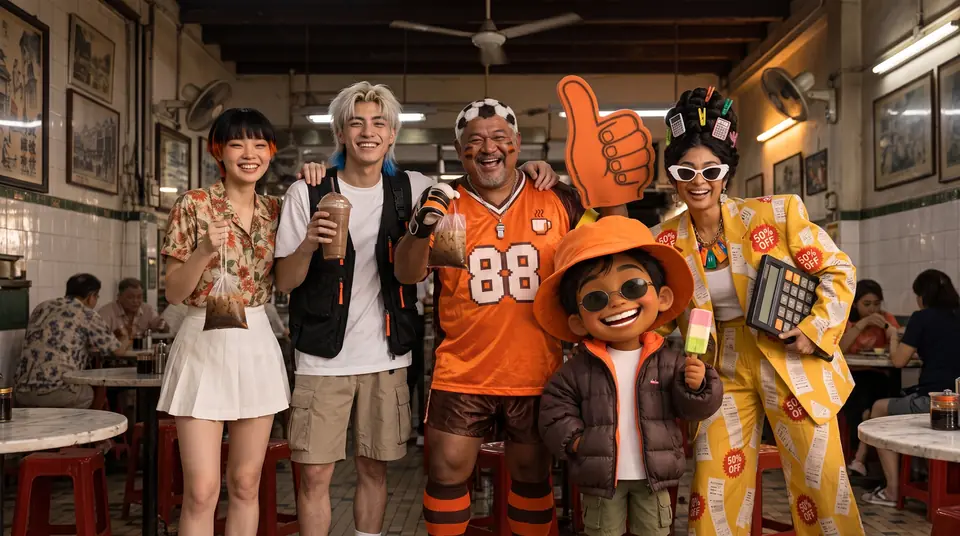 The Kopi Crew: Chloe, Jayden, Uncle Din, Lil' Krish and Kavya, AI characters, at a kopitiam