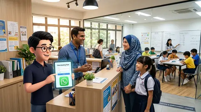 Jayden showing a class booking form to a parent and tutor (AI image)