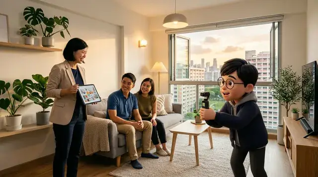 Jayden filming a finished HDB renovation (AI image)
